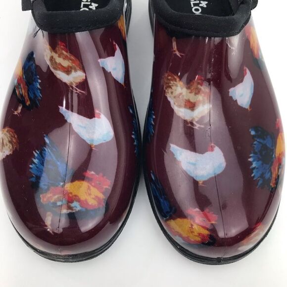 Sloggers Maroon Red Chicken Print Waterproof Rubber Slip On Loafers - Picture 6 of 15